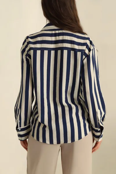 Lacivert Modal Çizgili Oversize Gömlek 266424
