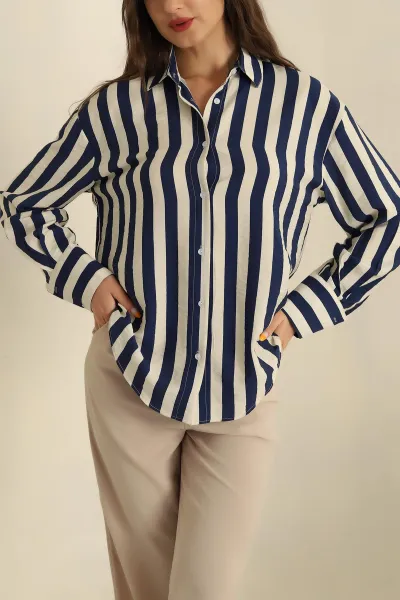 Lacivert Modal Çizgili Oversize Gömlek 266424