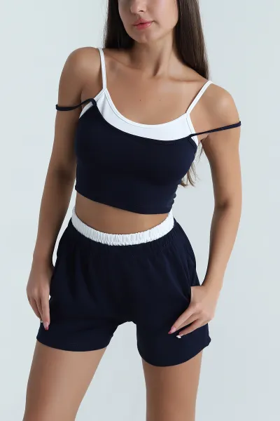 Lacivert Modal Crop Şort Kadın İkili Takım 471993