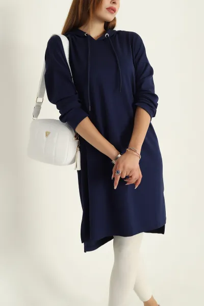 Lacivert Modal Kumaş Kapüşonlu Sweat Tunik 297523