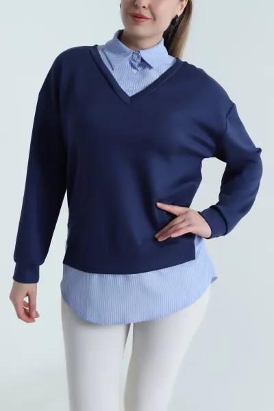 Lacivert Modal Kumaş Poplin Garnili Sweat 495403
