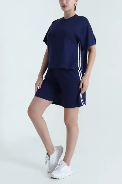 Lacivert Modal Kumaş Şeritli Kadın İkili Takım 477817