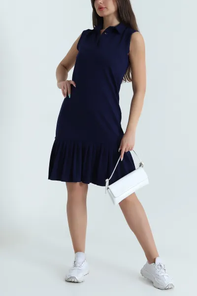 Lacivert Modal Piliseli Polo Yaka Kadın Elbise 468209