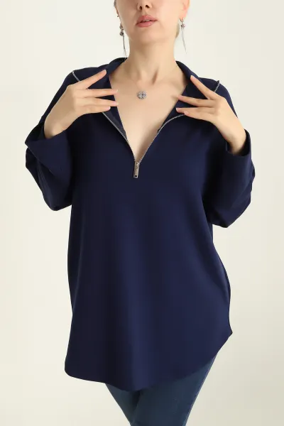Lacivert Modal Yarım Fermuarlı Sweat Tunik 292505