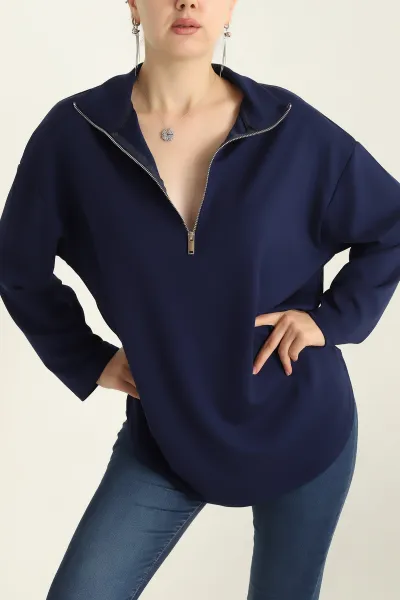 Lacivert Modal Yarım Fermuarlı Sweat Tunik 292505