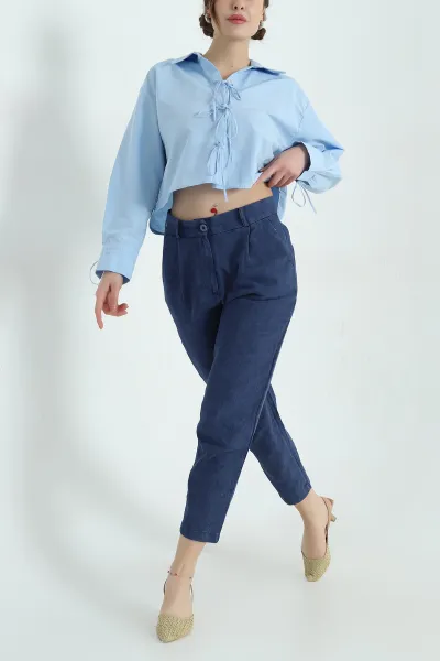 Lacivert Mom Cepli Bayan Keten Pantolon 336955