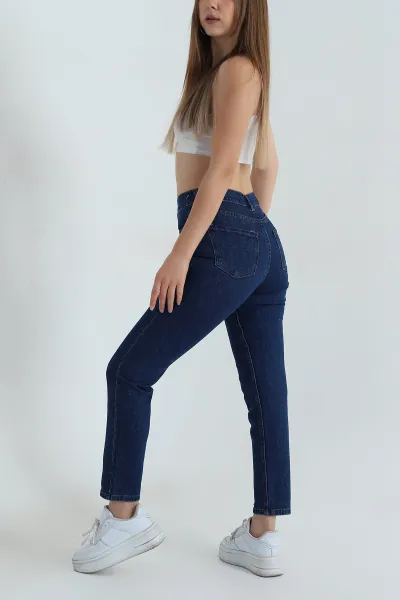 Lacivert Mom Likralı Kadın Kot Pantolon 409034