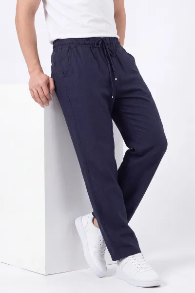 Lacivert Müslin Keten Belden Bağlamalı Baggy Erkek Pantolon 473026