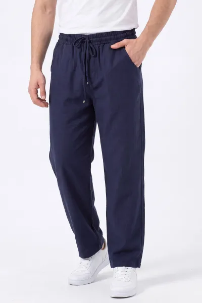 Lacivert Müslin Keten Belden Bağlamalı Baggy Erkek Pantolon 473026