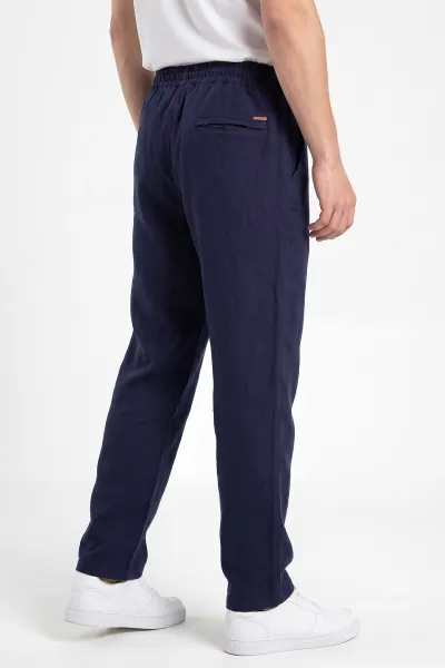 Lacivert Müslin Keten Belden Bağlamalı Baggy Erkek Pantolon 473026