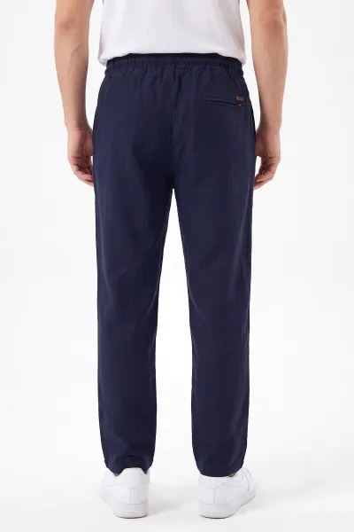 Lacivert Müslin Keten Belden Bağlamalı Baggy Erkek Pantolon 473026