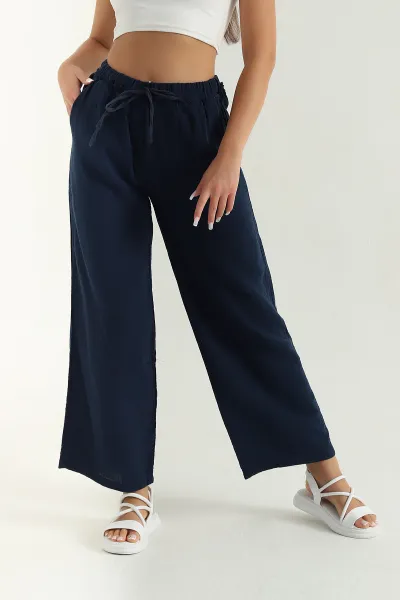 Lacivert Müslin Keten Kadın Pantolon 381368
