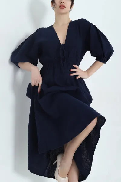 lacivert-muslin-kumas-beli-lastikli-kadin-elbise-341845
