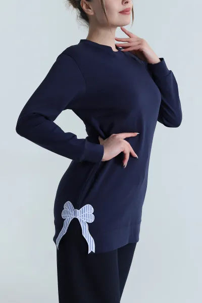 Lacivert Nakış Detay İnterlok Kadın Tunik 486619