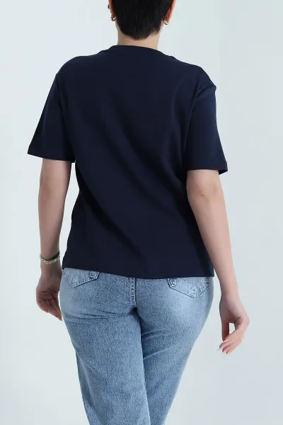 Lacivert Nakış ve Taş İşlemeli İnterlok Tişört 467408