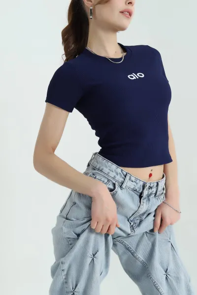 Lacivert Nakışlı Bisiklet Yaka Ottoman Kadın Bluz 346352