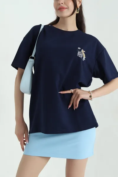 Lacivert Nakışlı Bisiklet Yaka Oversize İki Kadın Tişört-T 368797