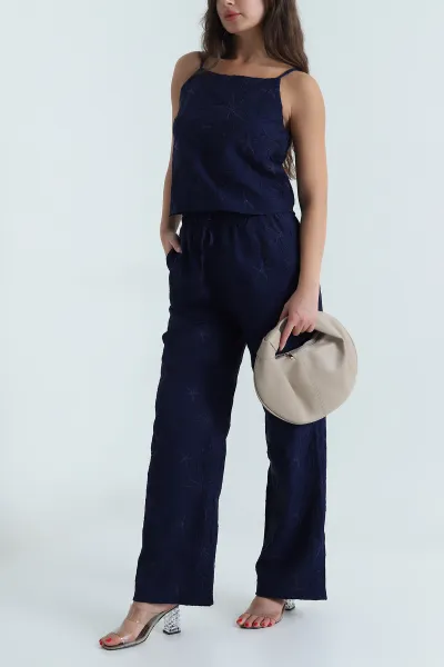 Lacivert Nakışlı Bluz Pantolon Kadın Çilek İkili Takım 478701