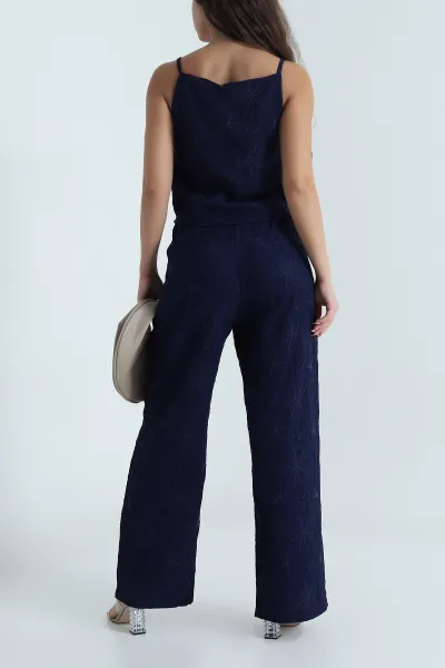 Lacivert Nakışlı Bluz Pantolon Kadın Çilek İkili Takım 478701
