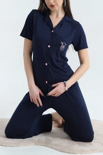 Lacivert Nakışlı Düğmeli Viskon Pijama Takımı 338271