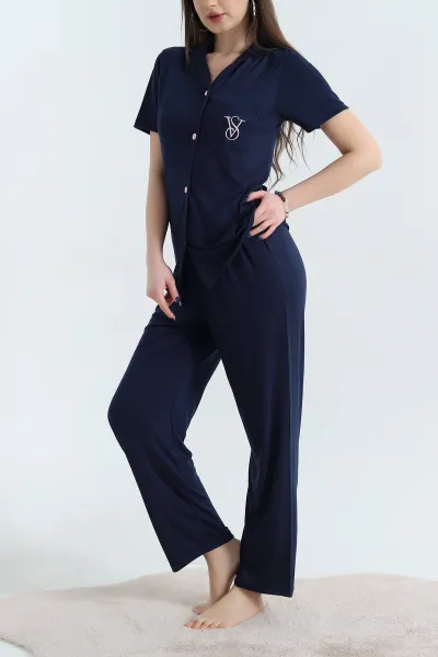 Lacivert Nakışlı Düğmeli Viskon Pijama Takımı 338271