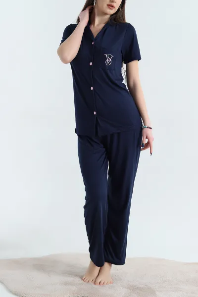 Lacivert Nakışlı Düğmeli Viskon Pijama Takımı 338271