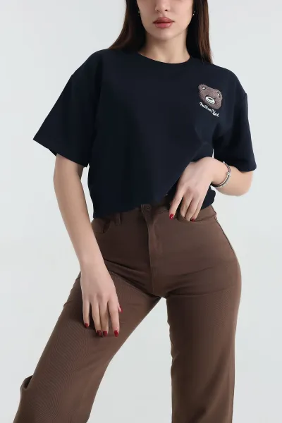 Lacivert Nakışlı İki İp Bayan Tişört 337649