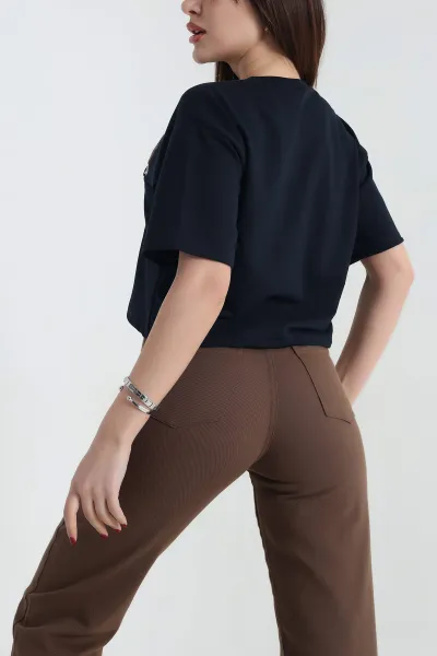 Lacivert Nakışlı İki İp Bayan Tişört 337649