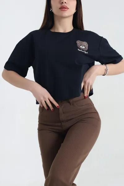 Lacivert Nakışlı İki İp Bayan Tişört 337649
