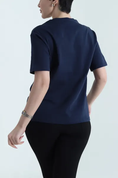 Lacivert Nakışlı İnterlok Kadın Tişört 440219