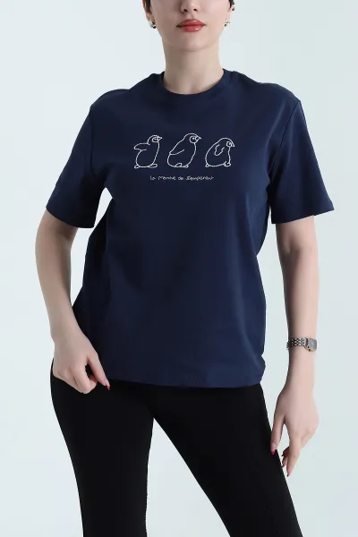 Lacivert Nakışlı İnterlok Kadın Tişört 440219