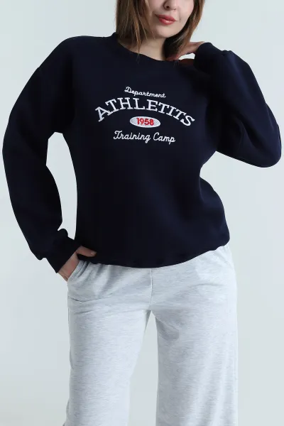Lacivert Nakışlı Şardonlu Üç İp Kadın Sweat 495058