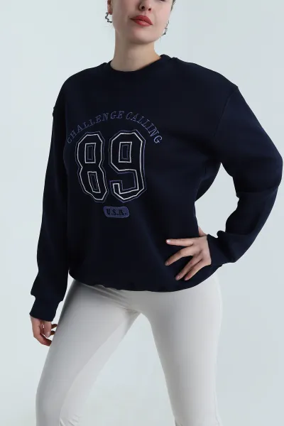 Lacivert Nakışlı Şardonlu Üç İp Kadın Sweat 498790