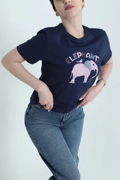 Lacivert Nakışlı Süprem Kadın Tişört 445733