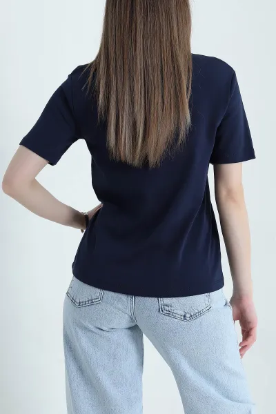 Lacivert Nakışlı Taşlı İnterlok Kadın Tişört 439392