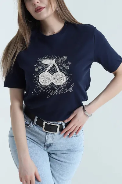 Lacivert Nakışlı Taşlı İnterlok Kadın Tişört 439392