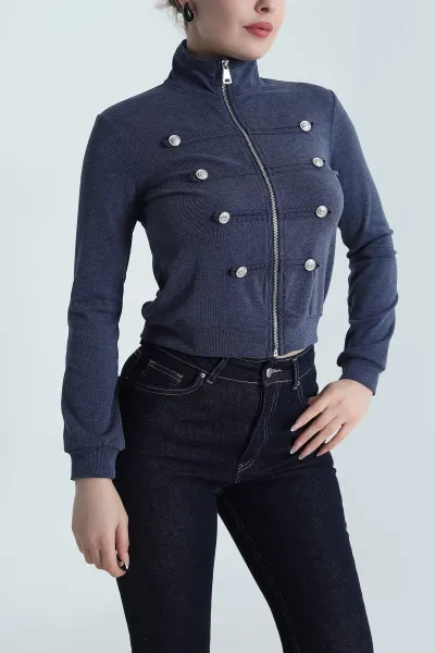 Lacivert Napolyon Model Düğmeli Kadın Hırka 493329