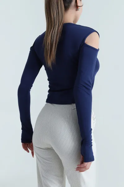 Lacivert Omuz Detay Kadın Modal Bluz 490116