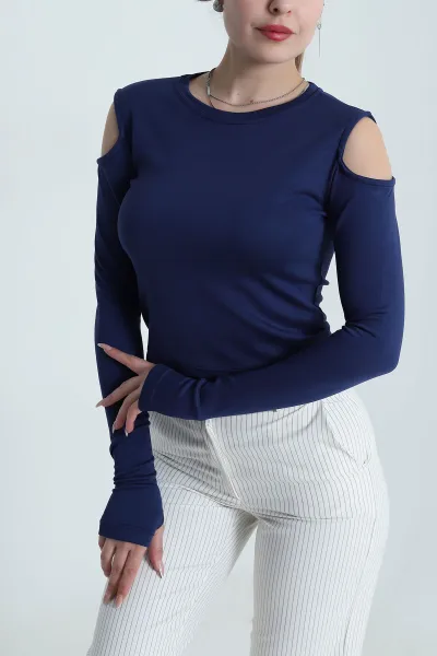 Lacivert Omuz Detay Kadın Modal Bluz 490116