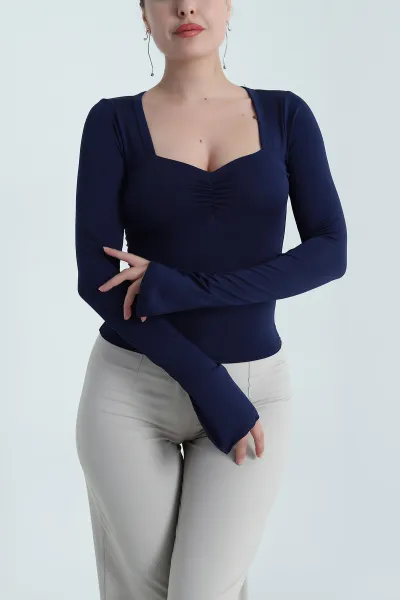 Lacivert Önü Büzgülü Scuba Kadın Bluz 483693