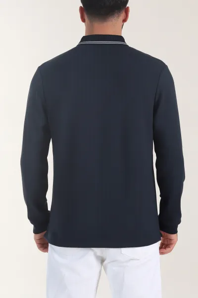 Lacivert Osyho Kumaş Çizgili Polo Yaka Erkek Sweatshirt 406059