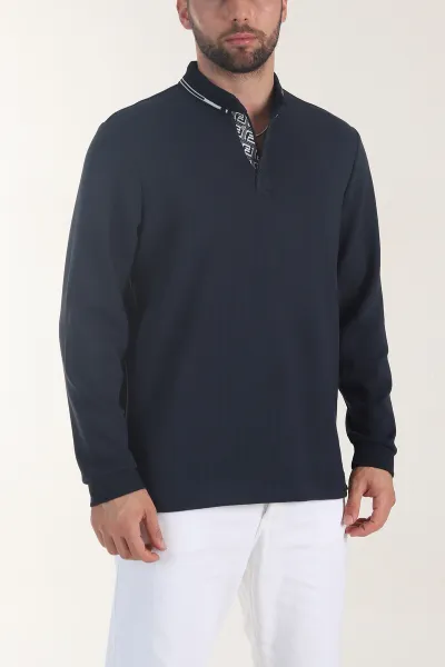 Lacivert Osyho Kumaş Çizgili Polo Yaka Erkek Sweatshirt 406059
