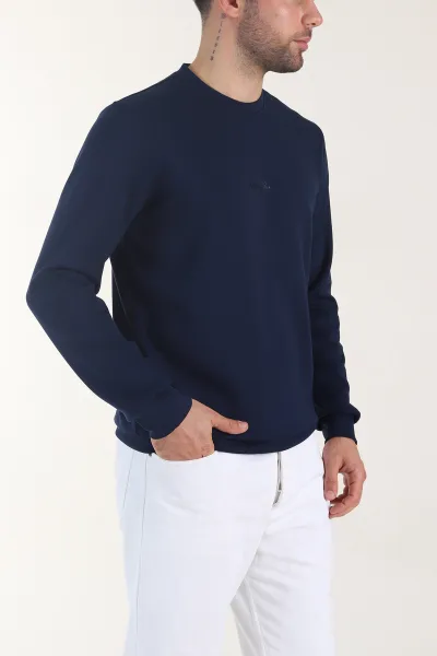 Lacivert Osyho Kumaş Yazı Detaylı Bisiklet Yaka Erkek Sweatshirt 407342