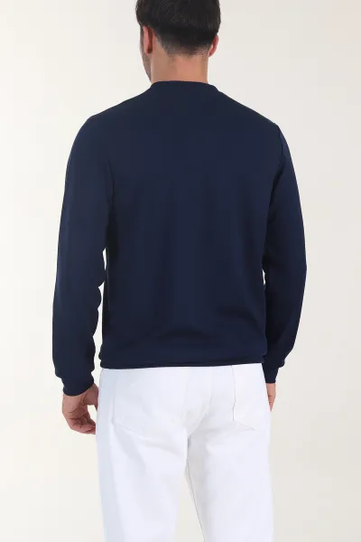 Lacivert Osyho Kumaş Yazı Detaylı Bisiklet Yaka Erkek Sweatshirt 407342