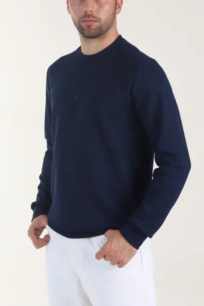 Lacivert Osyho Kumaş Yazı Detaylı Bisiklet Yaka Erkek Sweatshirt 407342