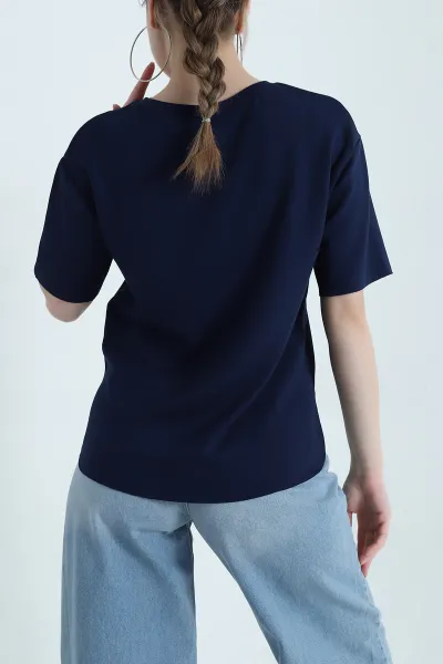 Lacivert Oval Kesim Oysho Kadın Tişört 437674