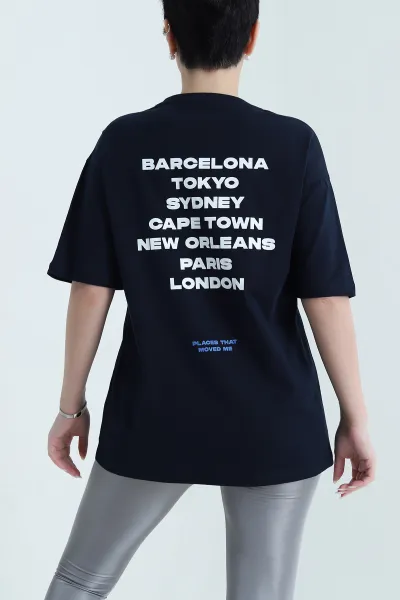 Lacivert Oversize Baskılı Süprem Kadın Tişört 448071