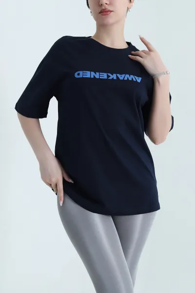 Lacivert Oversize Baskılı Süprem Kadın Tişört 448071
