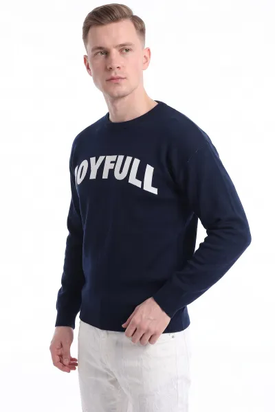 Lacivert Oversize Bisiklet Yaka Yazı Nakışlı Erkek Triko Kazak 491860