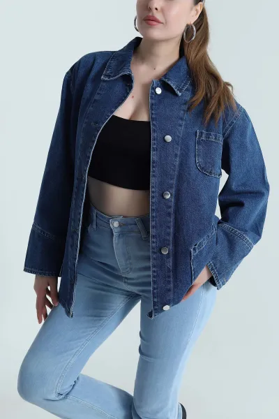 Lacivert Oversize Cepli Düğmeli Kadın Kot Ceket 483926